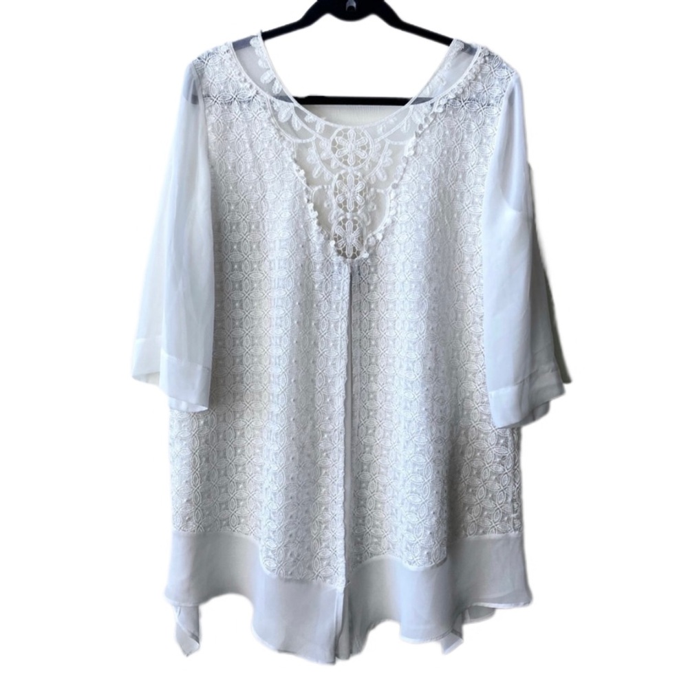 LAST CHANCE SALE! JOSEPH RIBKOFF White Lace Crochet Sheer Tunic Blouse, size 14